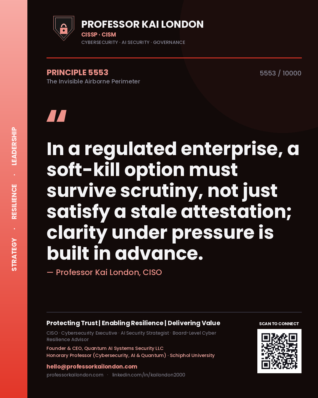 Professor Kai London principle 5553: In a regulated enterprise, a soft-kill option must survive scrutiny, not just satisfy a stale attestation; clarity under pressure is built in advance.