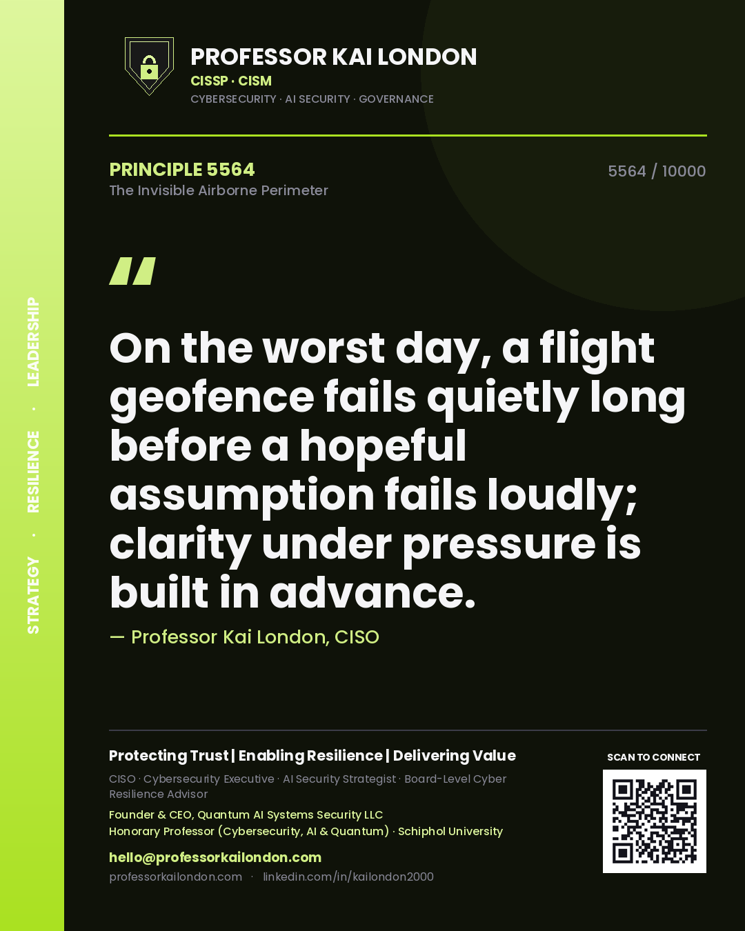 Quote card by Professor Kai London reading 'On the worst day, a flight geofence fails quietly long before a hopeful assumption fails loudly; clarity under pressure is built in advance.'. From the book The Invisible Airborne Perimeter.