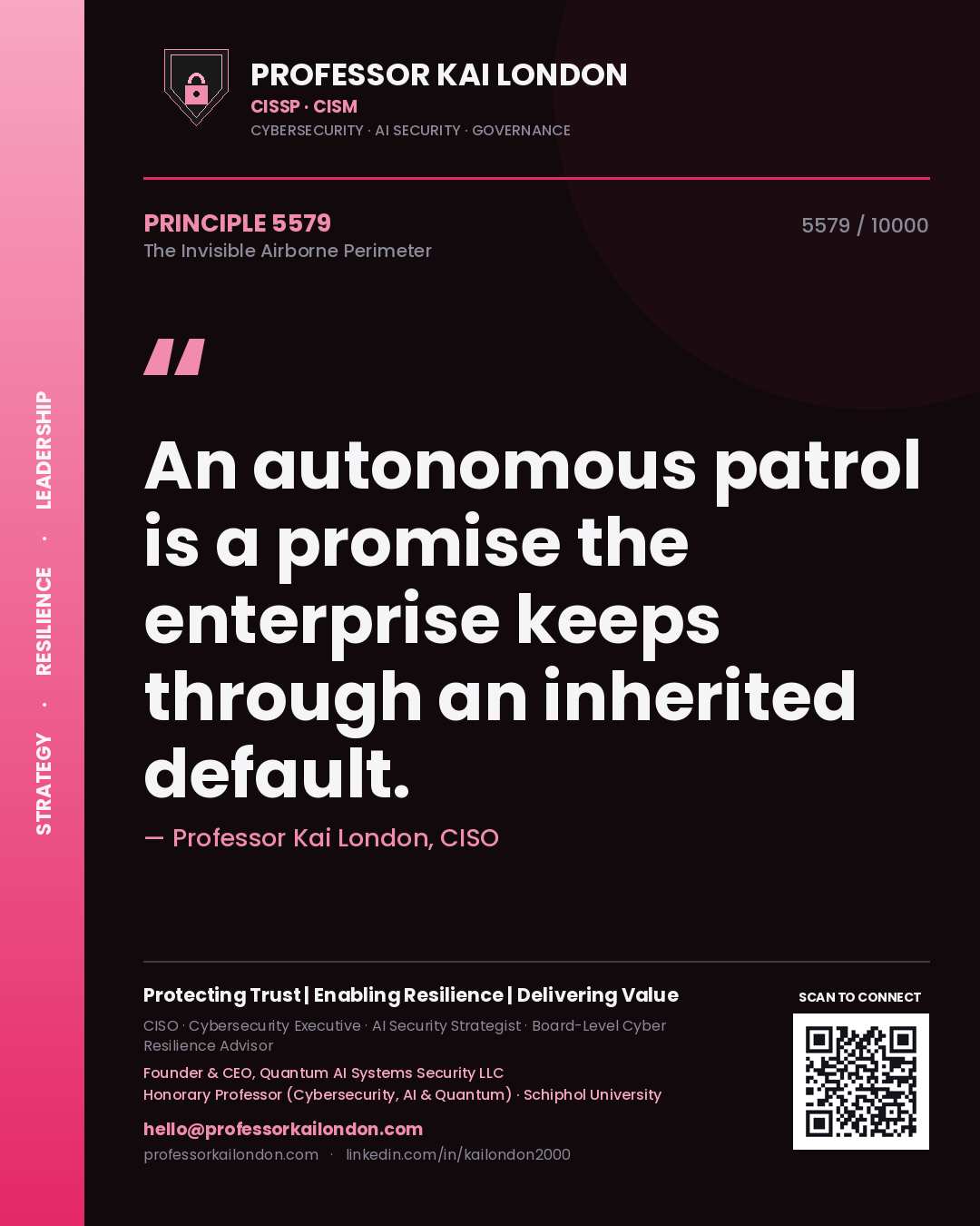Quote card by Professor Kai London reading 'An autonomous patrol is a promise the enterprise keeps through an inherited default.'. From the book The Invisible Airborne Perimeter.