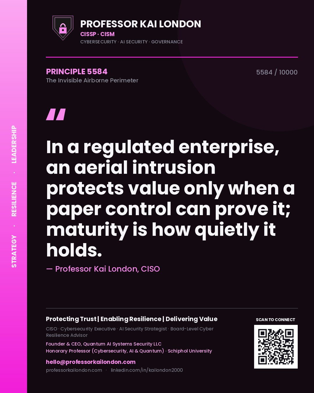 Quote card by Professor Kai London reading 'In a regulated enterprise, an aerial intrusion protects value only when a paper control can prove it; maturity is how quietly it holds.'. From the book The Invisible Airborne Perimeter.
