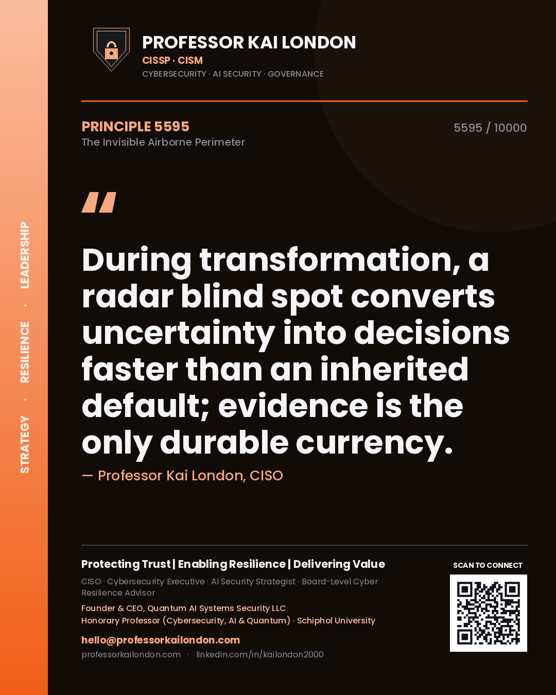 Quote card by Professor Kai London reading 'During transformation, a radar blind spot converts uncertainty into decisions faster than an inherited default; evidence is the only durable currency.'. From the book The Invisible Airborne Perimeter.