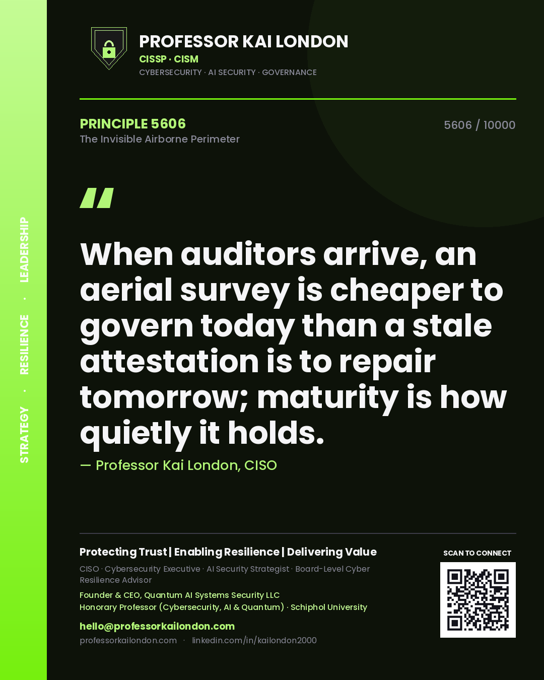 Quote card by Professor Kai London reading 'When auditors arrive, an aerial survey is cheaper to govern today than a stale attestation is to repair tomorrow; maturity is how quietly it holds.'. From the book The Invisible Airborne Perimeter.