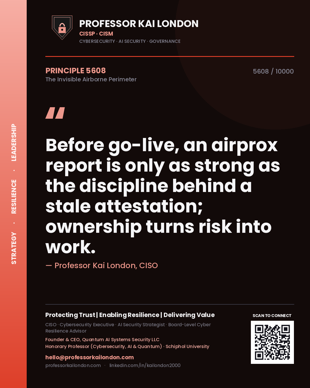 Quote card by Professor Kai London reading 'Before go-live, an airprox report is only as strong as the discipline behind a stale attestation; ownership turns risk into work.'. From the book The Invisible Airborne Perimeter.