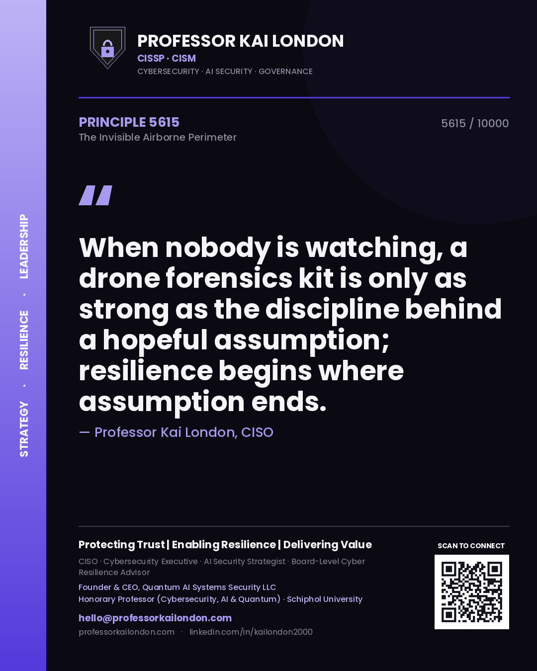 Quote card by Professor Kai London reading 'When nobody is watching, a drone forensics kit is only as strong as the discipline behind a hopeful assumption; resilience begins where assumption ends.'. From the book The Invisible Airborne Perimeter.