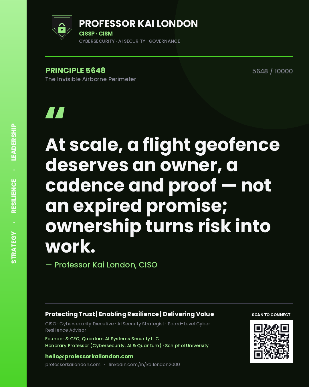 Professor Kai London principle 5648: At scale, a flight geofence deserves an owner, a cadence and proof — not an expired promise; ownership turns risk into work.