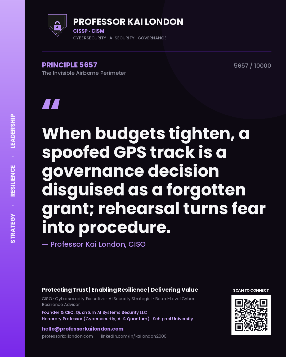 Quote card by Professor Kai London reading 'When budgets tighten, a spoofed GPS track is a governance decision disguised as a forgotten grant; rehearsal turns fear into procedure.'. From the book The Invisible Airborne Perimeter.