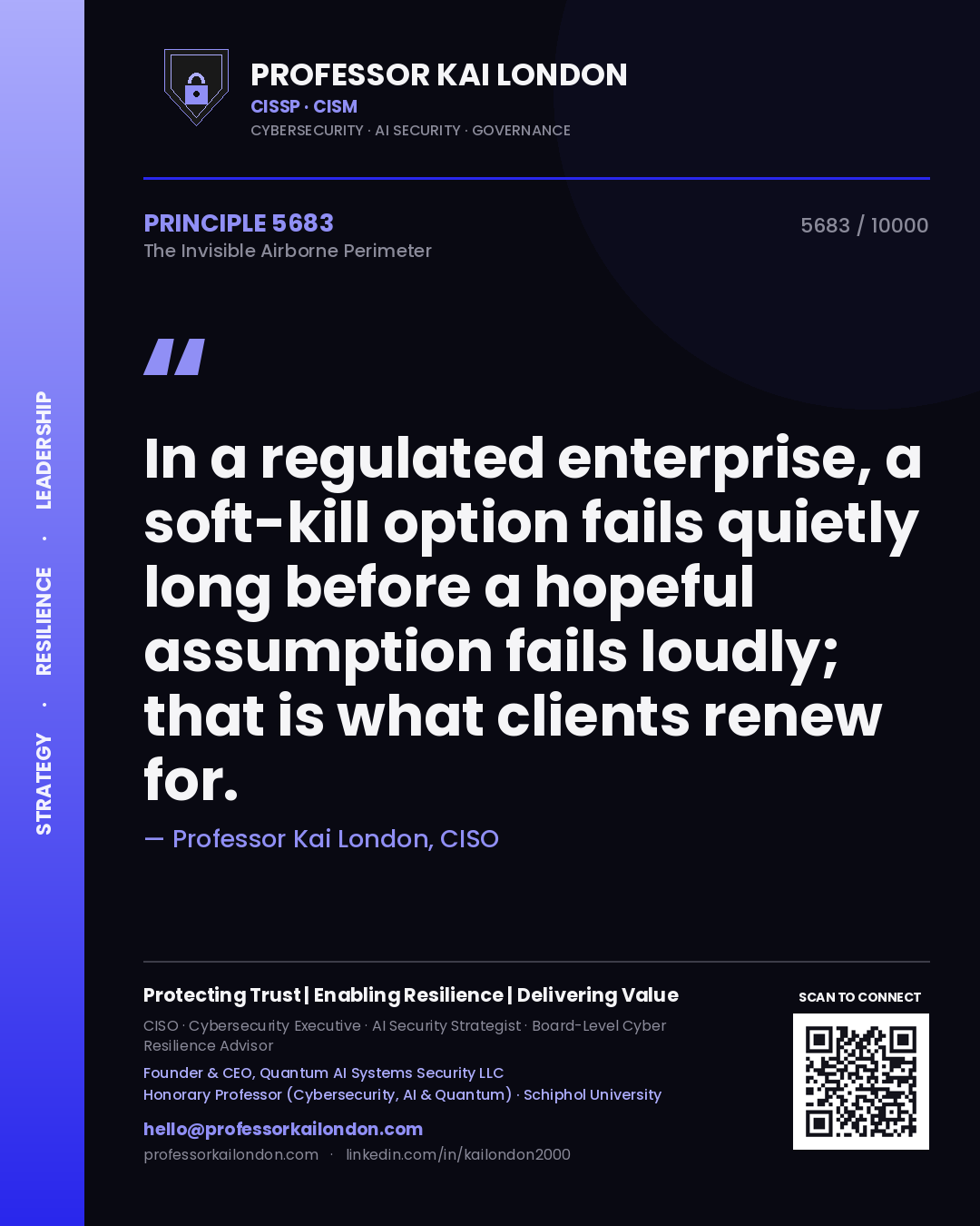 Quote card by Professor Kai London reading 'In a regulated enterprise, a soft-kill option fails quietly long before a hopeful assumption fails loudly; that is what clients renew for.'. From the book The Invisible Airborne Perimeter.