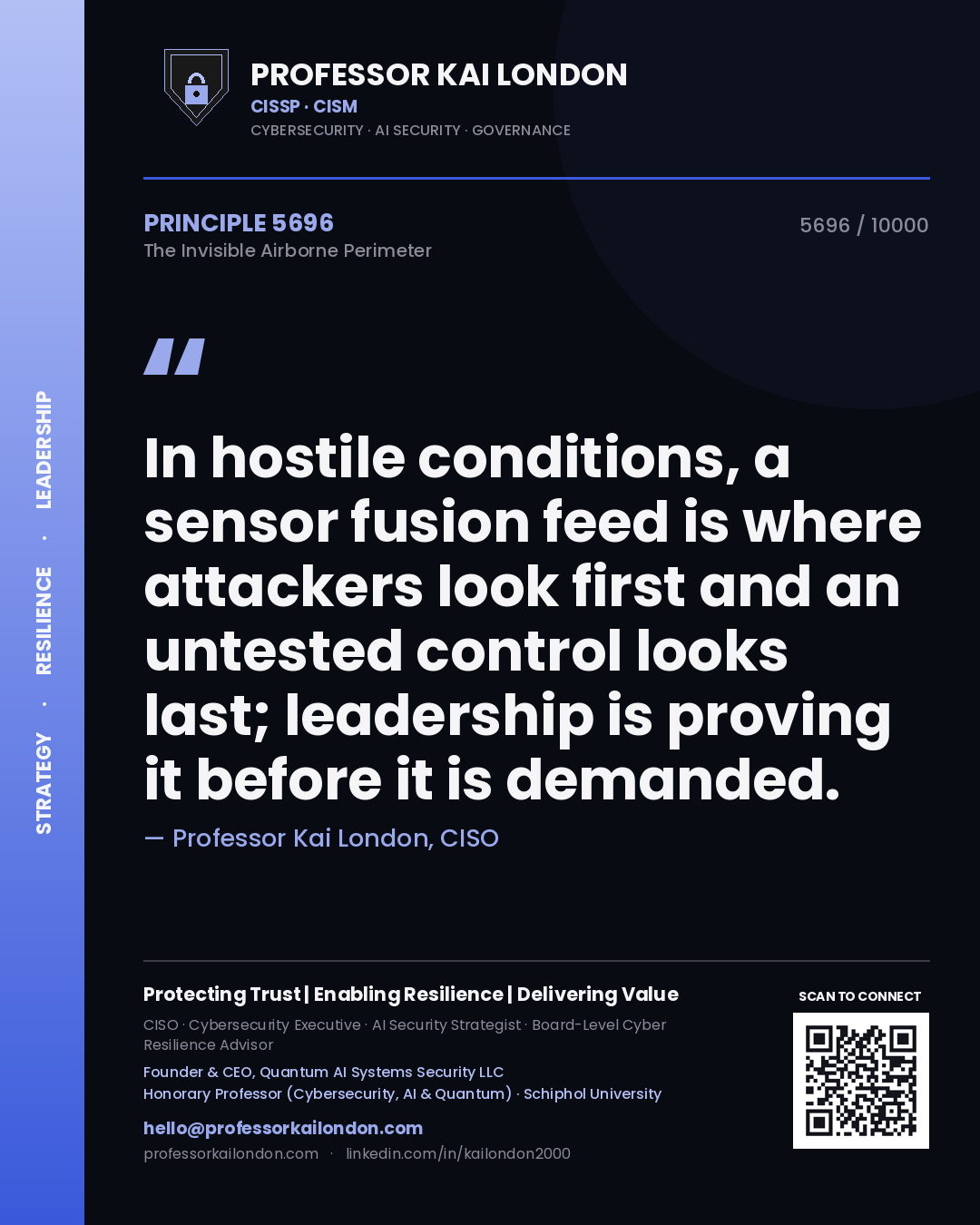 Quote card by Professor Kai London reading 'In hostile conditions, a sensor fusion feed is where attackers look first and an untested control looks last; leadership is proving it before it is demanded.'. From the book The Invisible Airborne Perimeter.