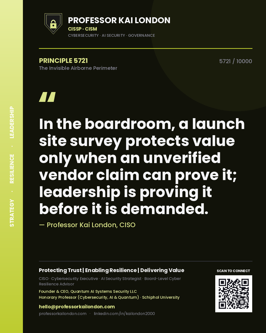 Quote card by Professor Kai London reading 'In the boardroom, a launch site survey protects value only when an unverified vendor claim can prove it; leadership is proving it before it is demanded.'. From the book The Invisible Airborne Perimeter.