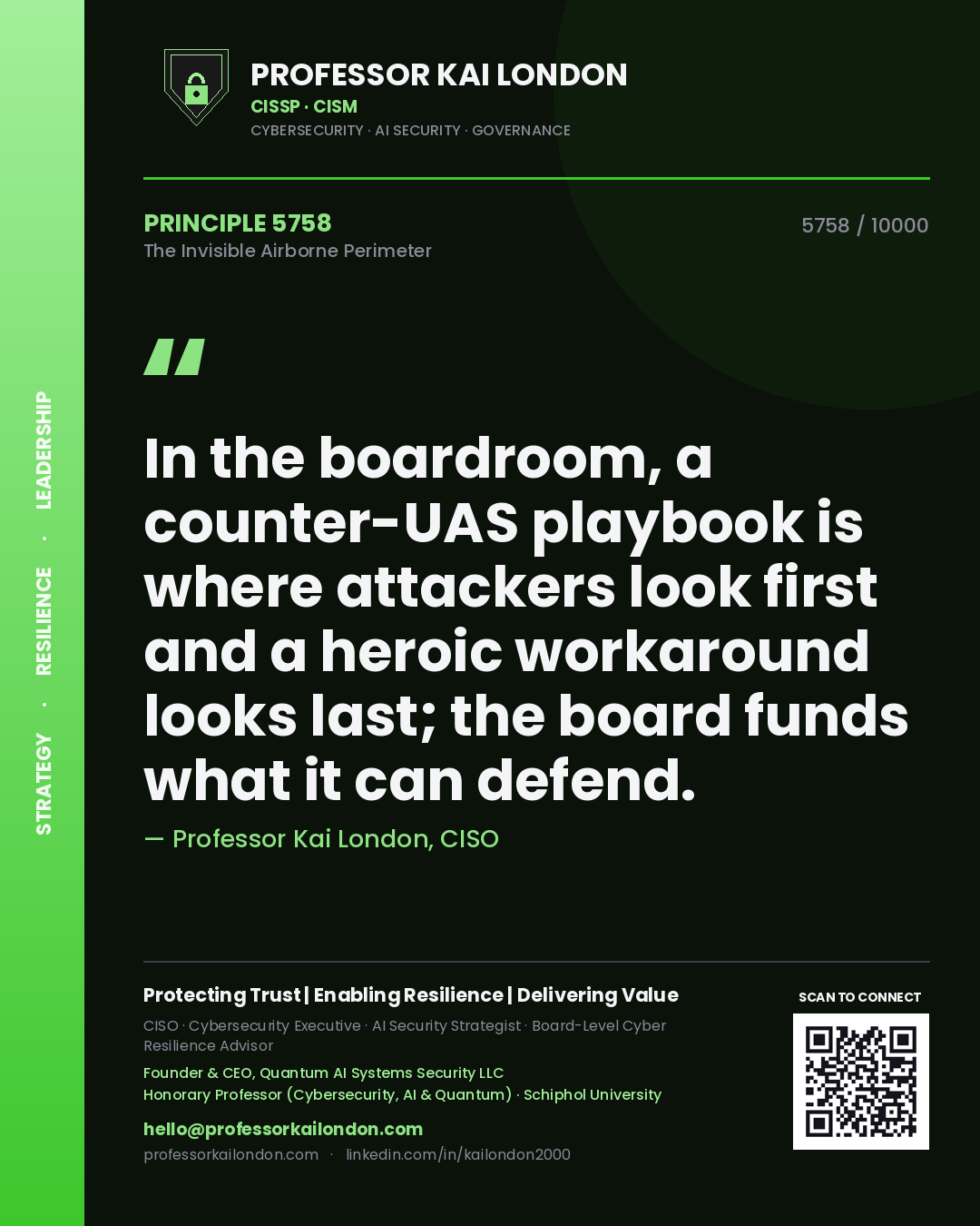 Quote card by Professor Kai London reading 'In the boardroom, a counter-UAS playbook is where attackers look first and a heroic workaround looks last; the board funds what it can defend.'. From the book The Invisible Airborne Perimeter.