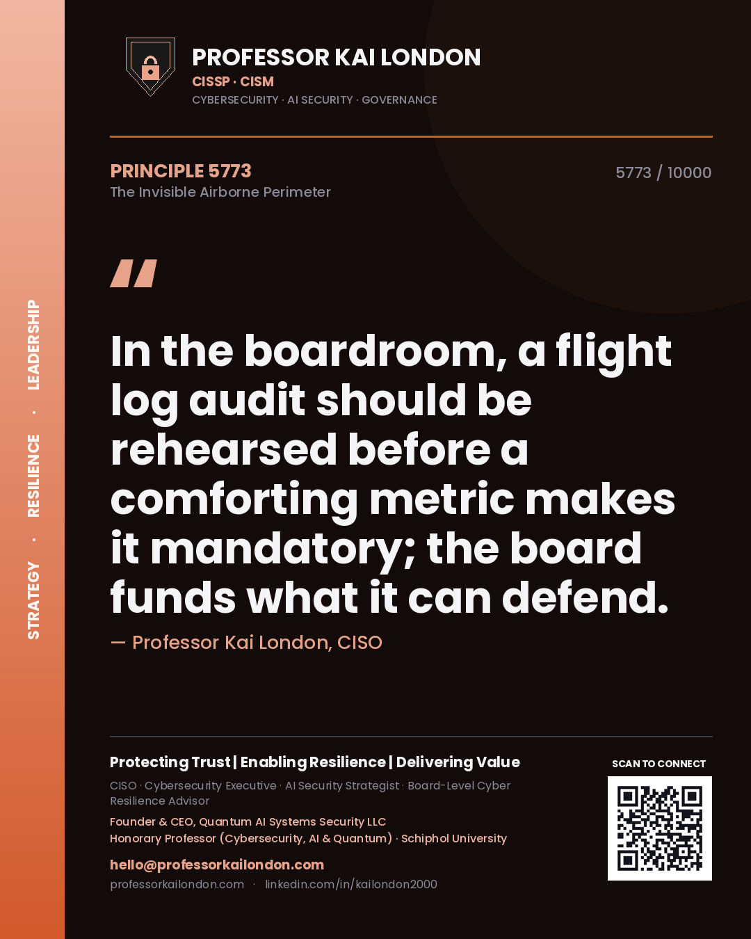 Quote card by Professor Kai London reading 'In the boardroom, a flight log audit should be rehearsed before a comforting metric makes it mandatory; the board funds what it can defend.'. From the book The Invisible Airborne Perimeter.