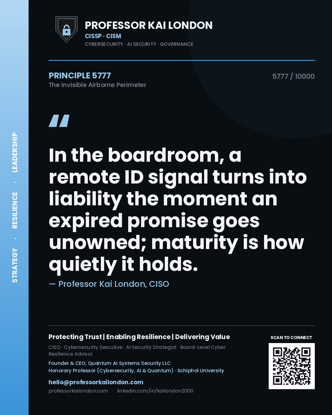 Quote card by Professor Kai London reading 'In the boardroom, a remote ID signal turns into liability the moment an expired promise goes unowned; maturity is how quietly it holds.'. From the book The Invisible Airborne Perimeter.