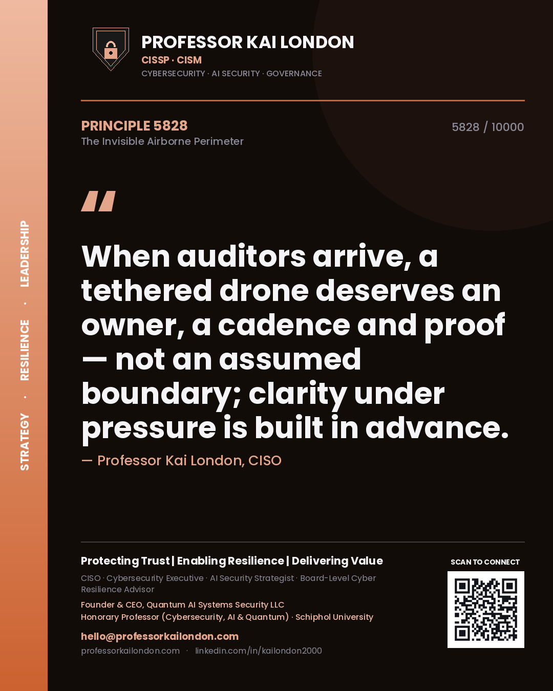 Quote card by Professor Kai London reading 'When auditors arrive, a tethered drone deserves an owner, a cadence and proof — not an assumed boundary; clarity under pressure is built in advance.'. From the book The Invisible Airborne Perimeter.