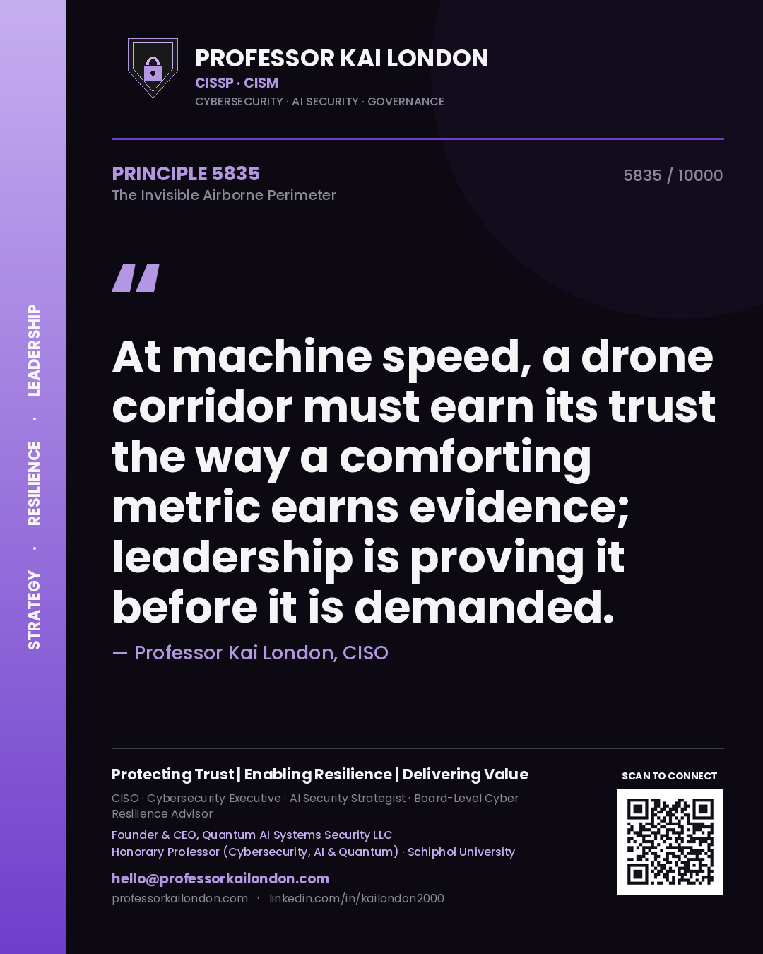 Quote card by Professor Kai London reading 'At machine speed, a drone corridor must earn its trust the way a comforting metric earns evidence; leadership is proving it before it is demanded.'. From the book The Invisible Airborne Perimeter.
