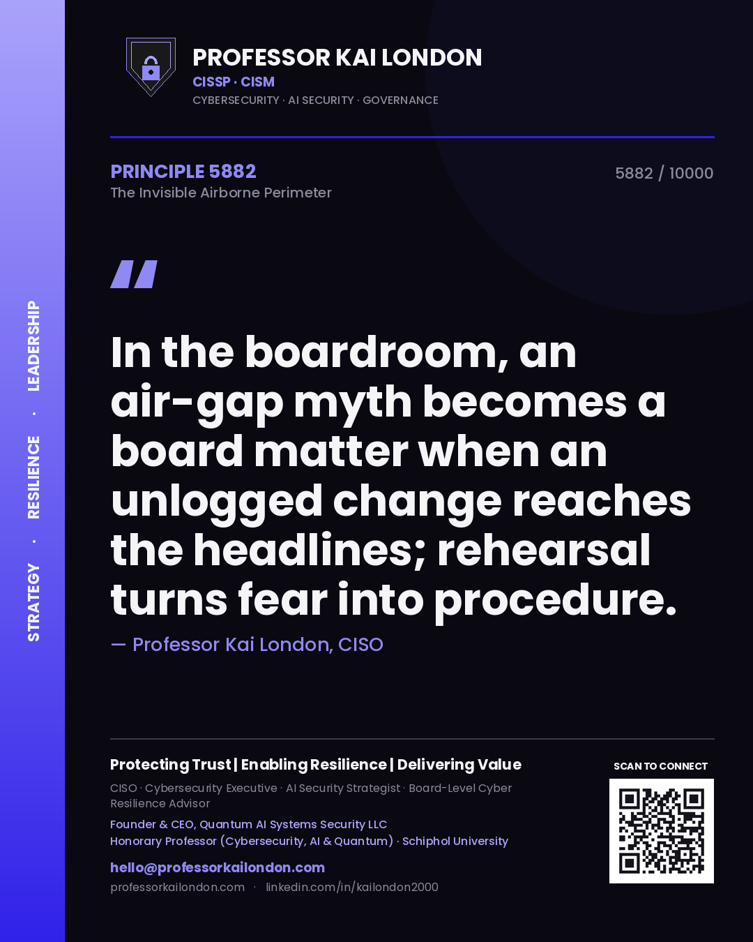 Quote card by Professor Kai London reading 'In the boardroom, an air-gap myth becomes a board matter when an unlogged change reaches the headlines; rehearsal turns fear into procedure.'. From the book The Invisible Airborne Perimeter.
