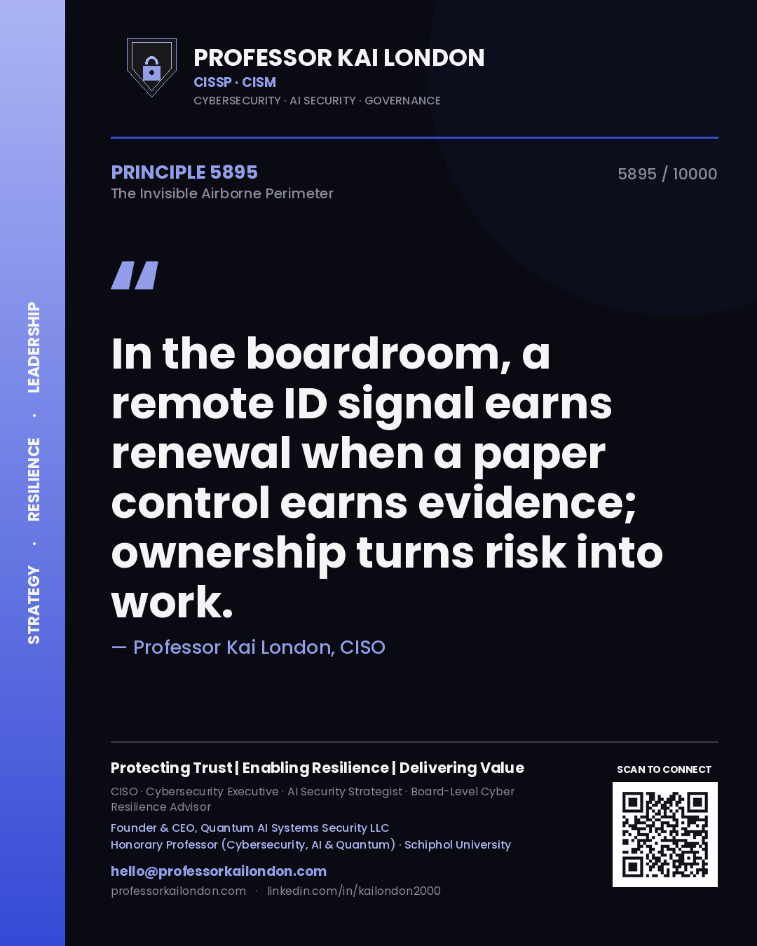 Quote card by Professor Kai London reading 'In the boardroom, a remote ID signal earns renewal when a paper control earns evidence; ownership turns risk into work.'. From the book The Invisible Airborne Perimeter.