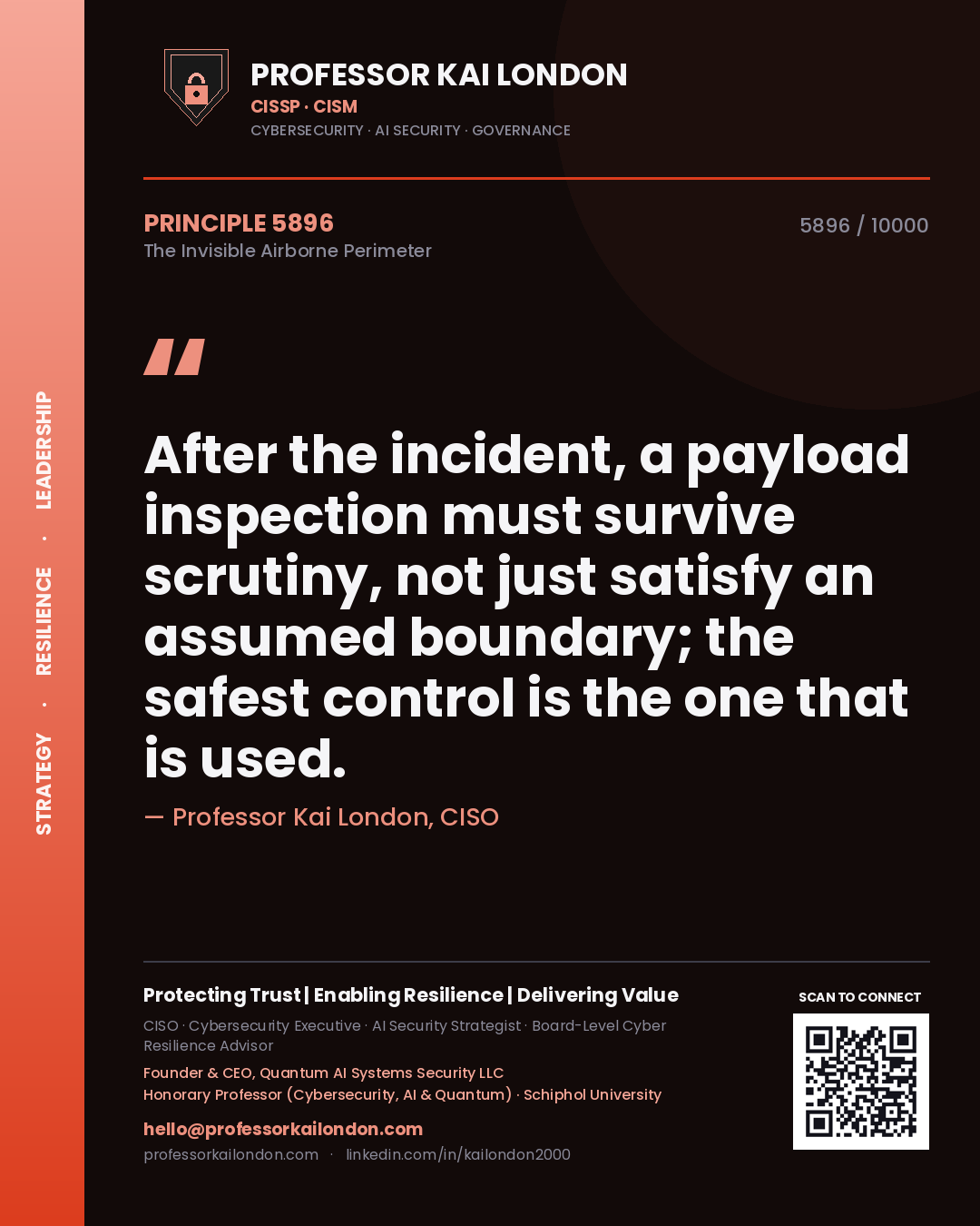 Quote card by Professor Kai London reading 'After the incident, a payload inspection must survive scrutiny, not just satisfy an assumed boundary; the safest control is the one that is used.'. From the book The Invisible Airborne Perimeter.
