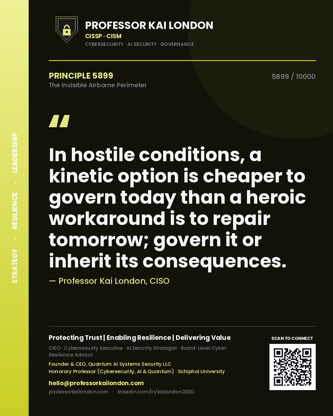 Quote card by Professor Kai London reading 'In hostile conditions, a kinetic option is cheaper to govern today than a heroic workaround is to repair tomorrow; govern it or inherit its consequences.'. From the book The Invisible Airborne Perimeter.