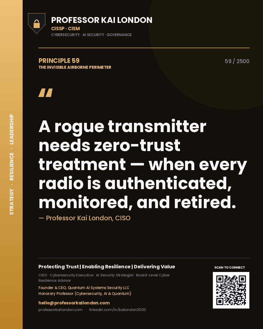 Quote card by Professor Kai London reading 'A rogue transmitter needs zero-trust treatment — when every radio is authenticated, monitored, and retired.'. From the book The Invisible Airborne Perimeter.