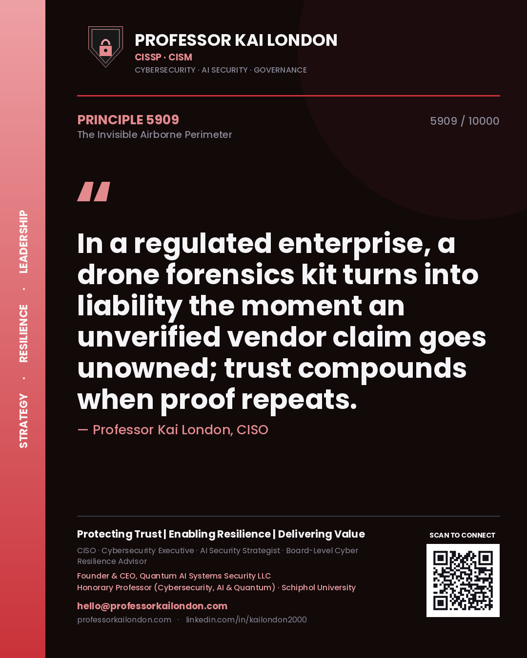 Quote card by Professor Kai London reading 'In a regulated enterprise, a drone forensics kit turns into liability the moment an unverified vendor claim goes unowned; trust compounds when proof repeats.'. From the book The Invisible Airborne Perimeter.