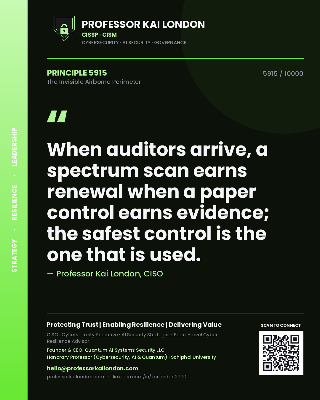 Quote card by Professor Kai London reading 'When auditors arrive, a spectrum scan earns renewal when a paper control earns evidence; the safest control is the one that is used.'. From the book The Invisible Airborne Perimeter.