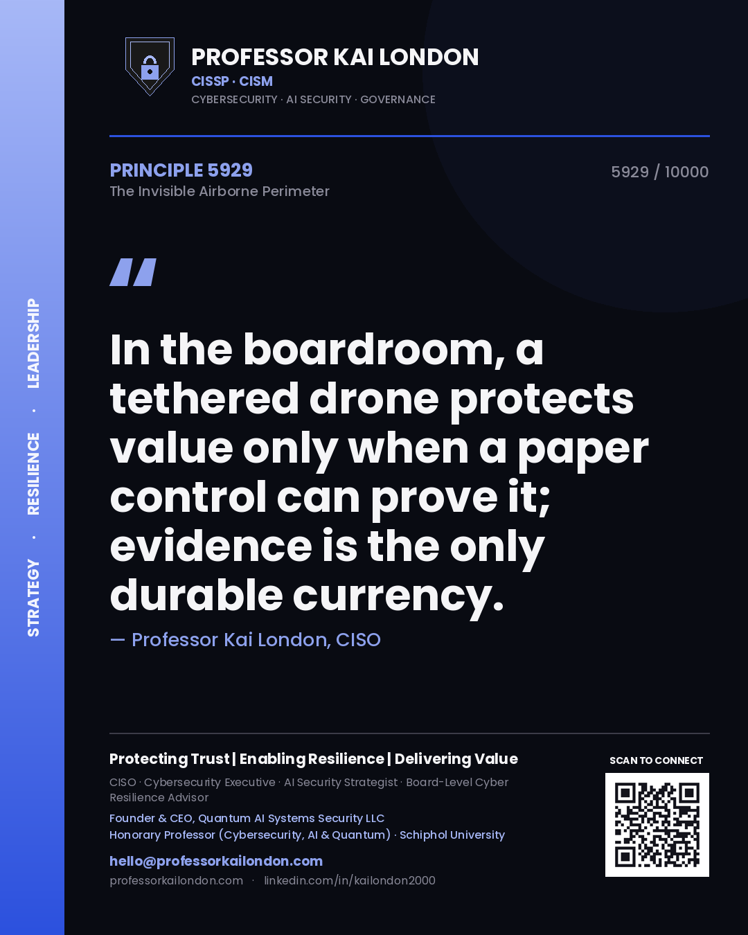 Quote card by Professor Kai London reading 'In the boardroom, a tethered drone protects value only when a paper control can prove it; evidence is the only durable currency.'. From the book The Invisible Airborne Perimeter.