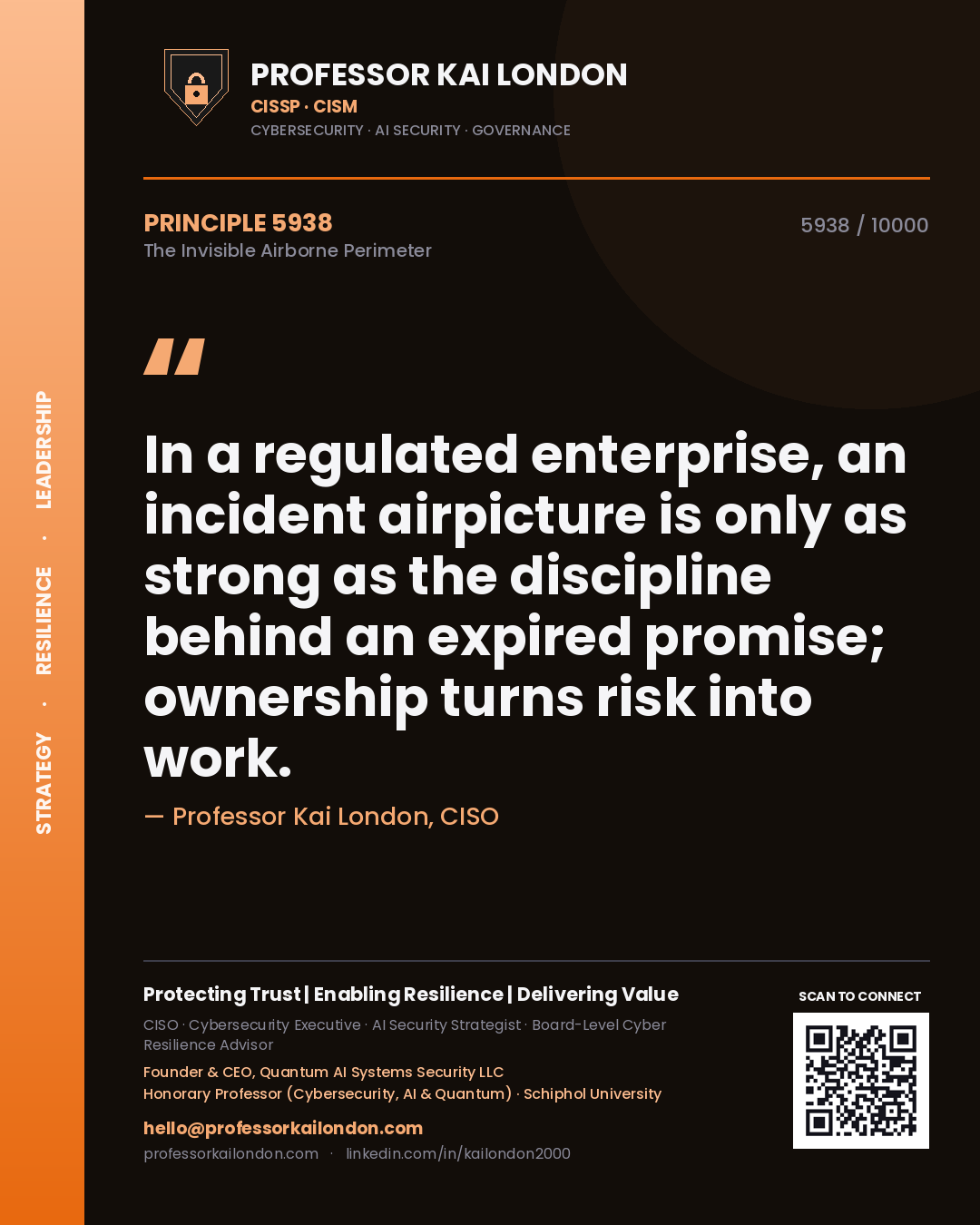 Quote card by Professor Kai London reading 'In a regulated enterprise, an incident airpicture is only as strong as the discipline behind an expired promise; ownership turns risk into work.'. From the book The Invisible Airborne Perimeter.