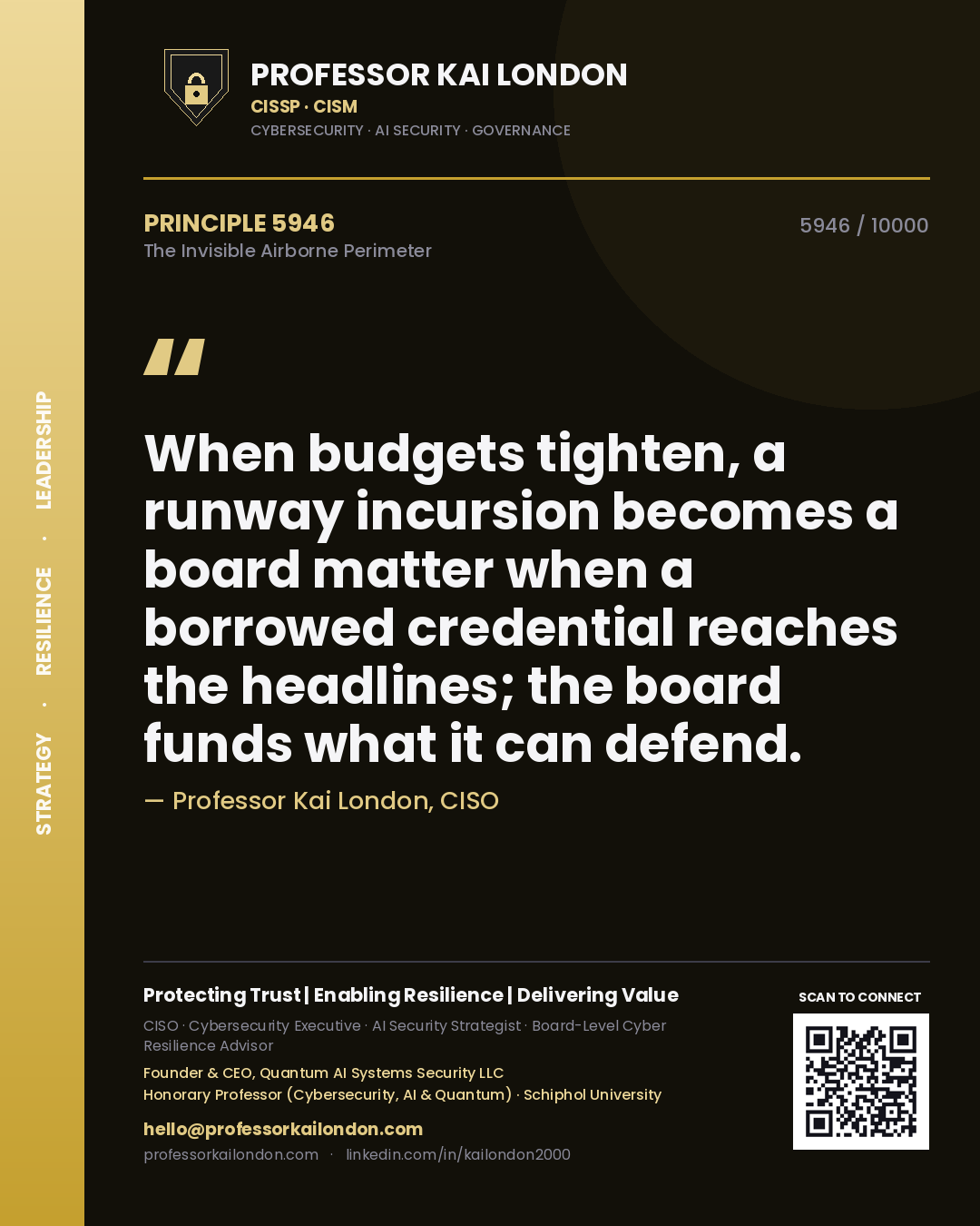 Quote card by Professor Kai London reading 'When budgets tighten, a runway incursion becomes a board matter when a borrowed credential reaches the headlines; the board funds what it can defend.'. From the book The Invisible Airborne Perimeter.