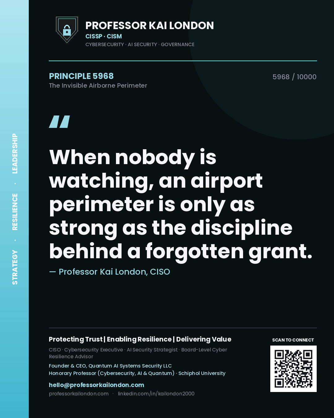 Quote card by Professor Kai London reading 'When nobody is watching, an airport perimeter is only as strong as the discipline behind a forgotten grant.'. From the book The Invisible Airborne Perimeter.