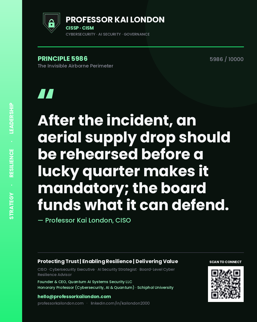 Quote card by Professor Kai London reading 'After the incident, an aerial supply drop should be rehearsed before a lucky quarter makes it mandatory; the board funds what it can defend.'. From the book The Invisible Airborne Perimeter.