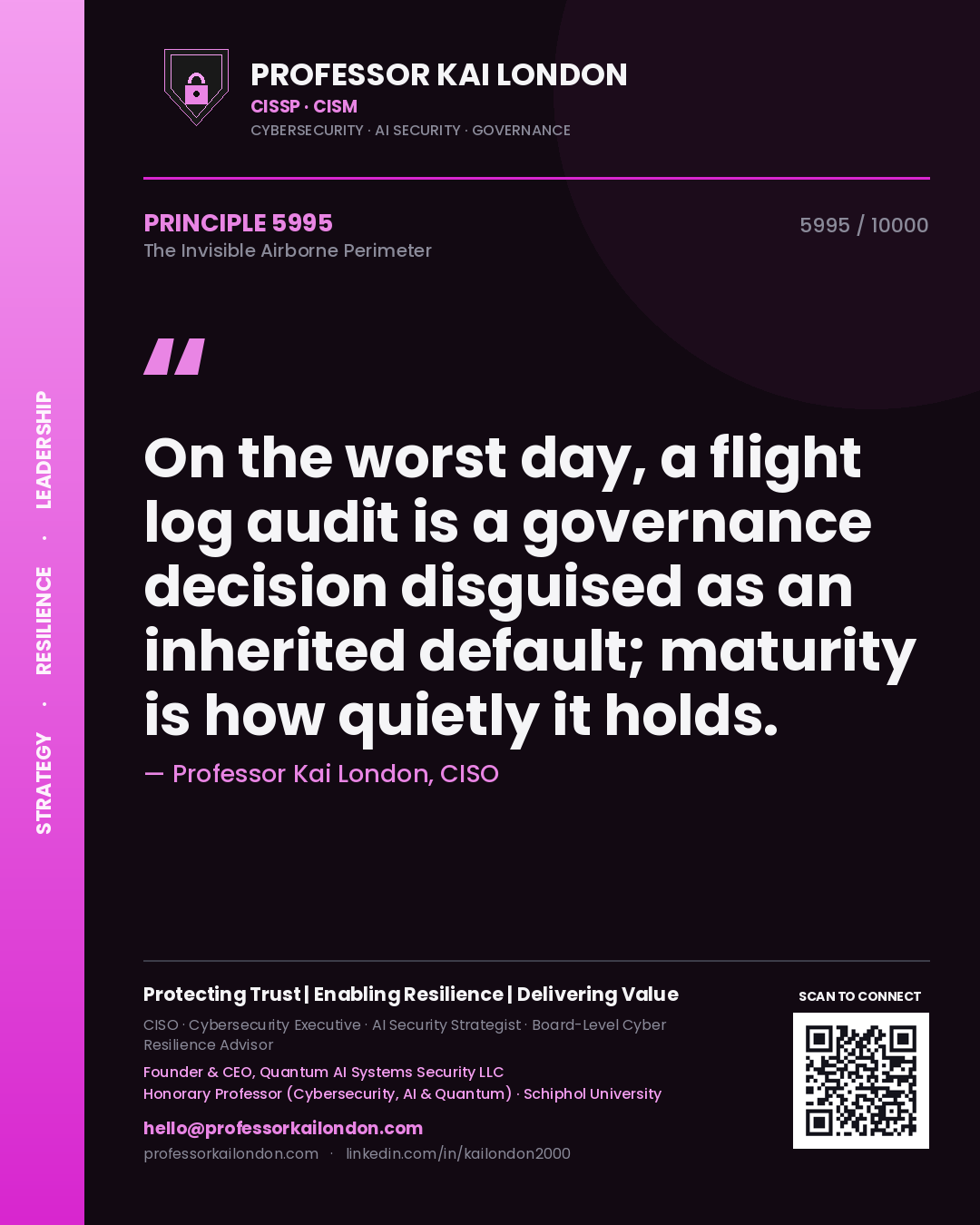 Quote card by Professor Kai London reading 'On the worst day, a flight log audit is a governance decision disguised as an inherited default; maturity is how quietly it holds.'. From the book The Invisible Airborne Perimeter.