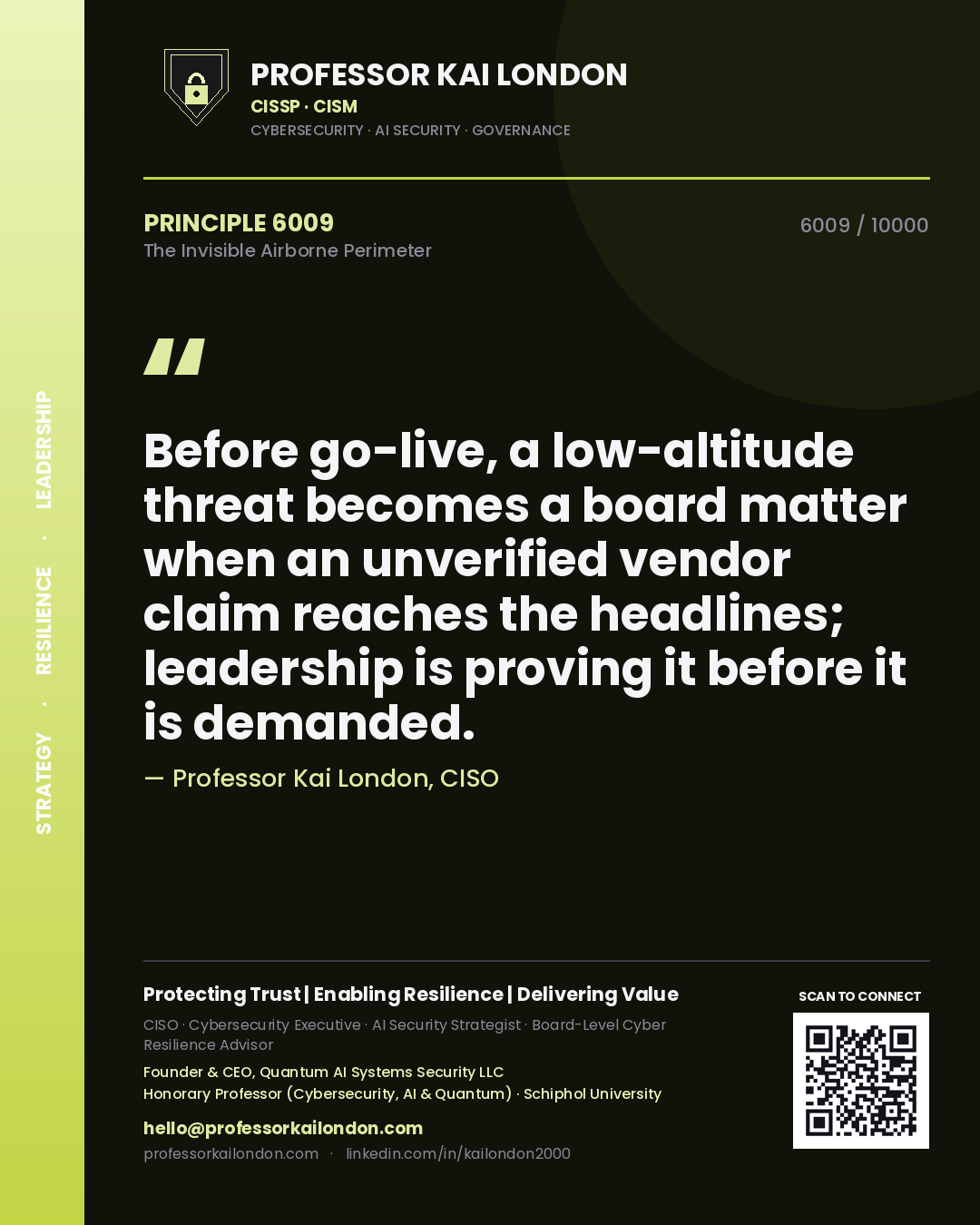 Quote card by Professor Kai London reading 'Before go-live, a low-altitude threat becomes a board matter when an unverified vendor claim reaches the headlines; leadership is proving it before it is demanded.'. From the book The Invisible Airborne Perimeter.