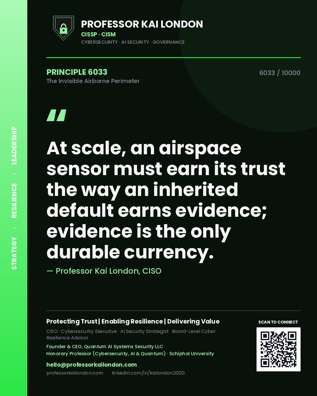 Professor Kai London principle 6033: At scale, an airspace sensor must earn its trust the way an inherited default earns evidence; evidence is the only durable currency.