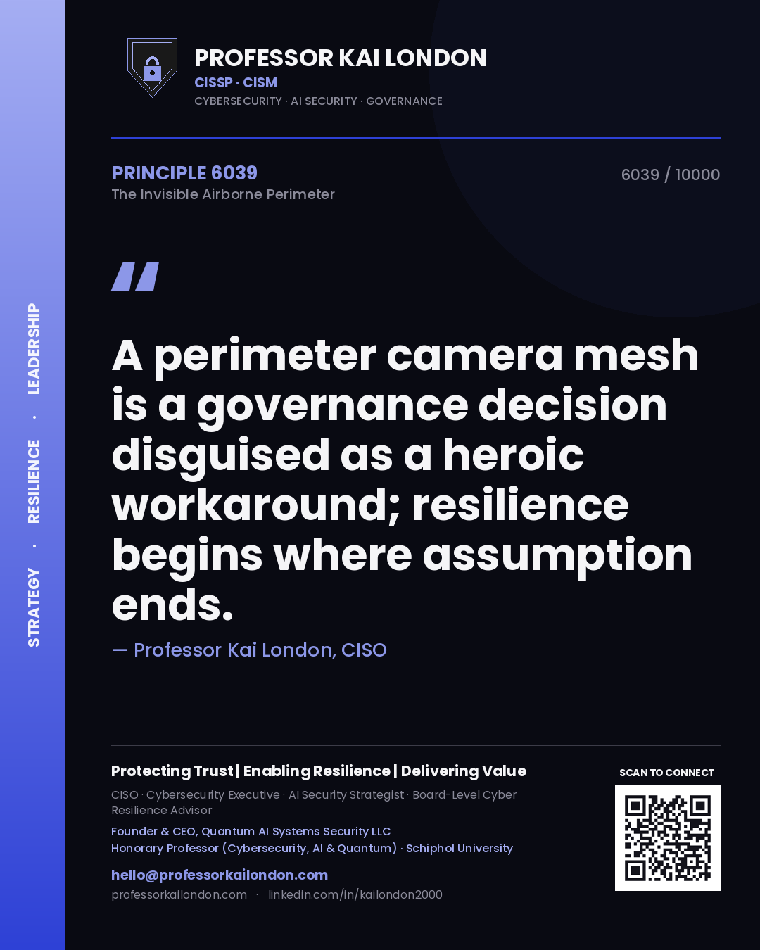 Quote card by Professor Kai London reading 'A perimeter camera mesh is a governance decision disguised as a heroic workaround; resilience begins where assumption ends.'. From the book The Invisible Airborne Perimeter.