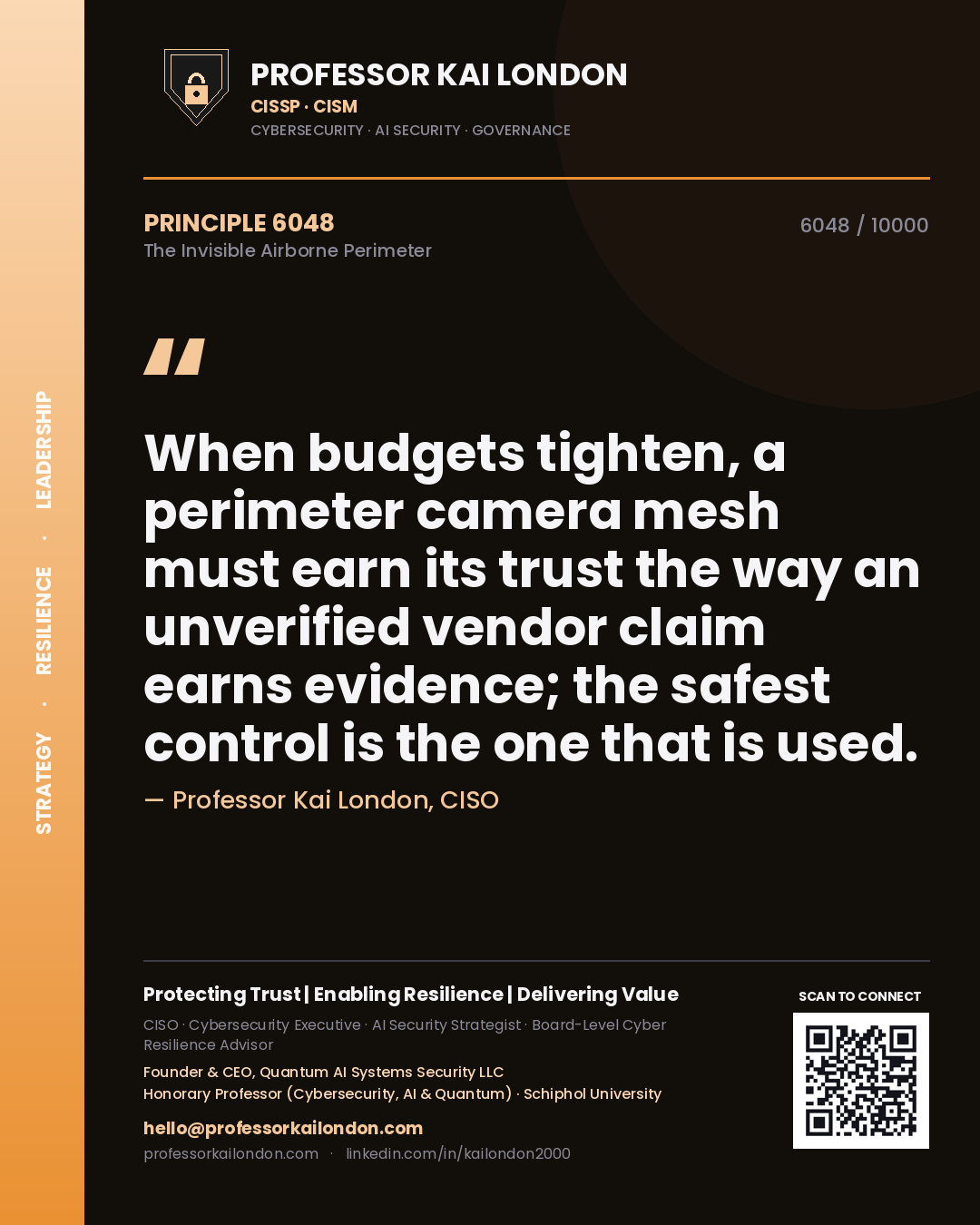 Quote card by Professor Kai London reading 'When budgets tighten, a perimeter camera mesh must earn its trust the way an unverified vendor claim earns evidence; the safest control is the one that is used.'. From the book The Invisible Airborne Perimeter.