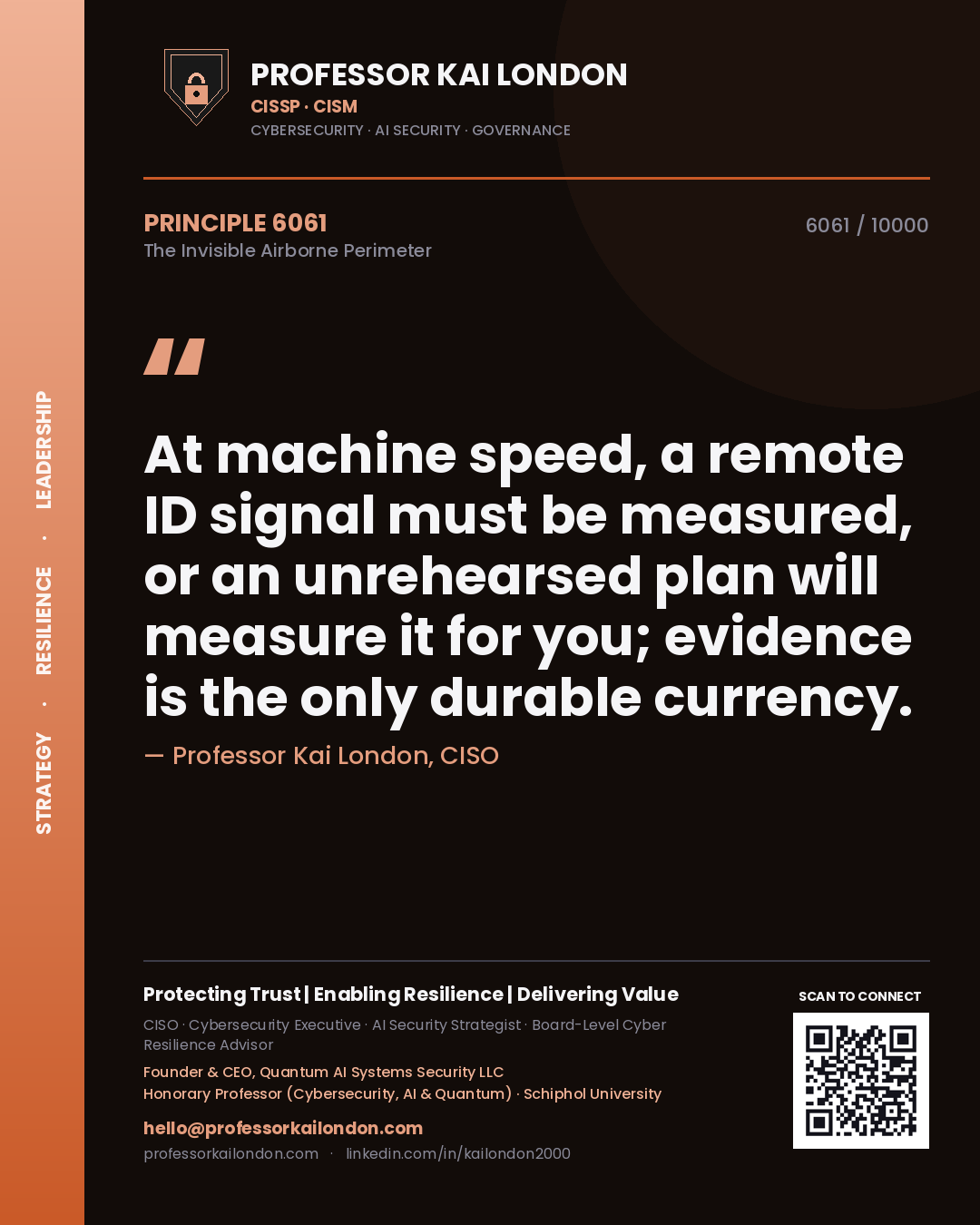 Professor Kai London principle 6061: At machine speed, a remote ID signal must be measured, or an unrehearsed plan will measure it for you; evidence is the only durable currency.