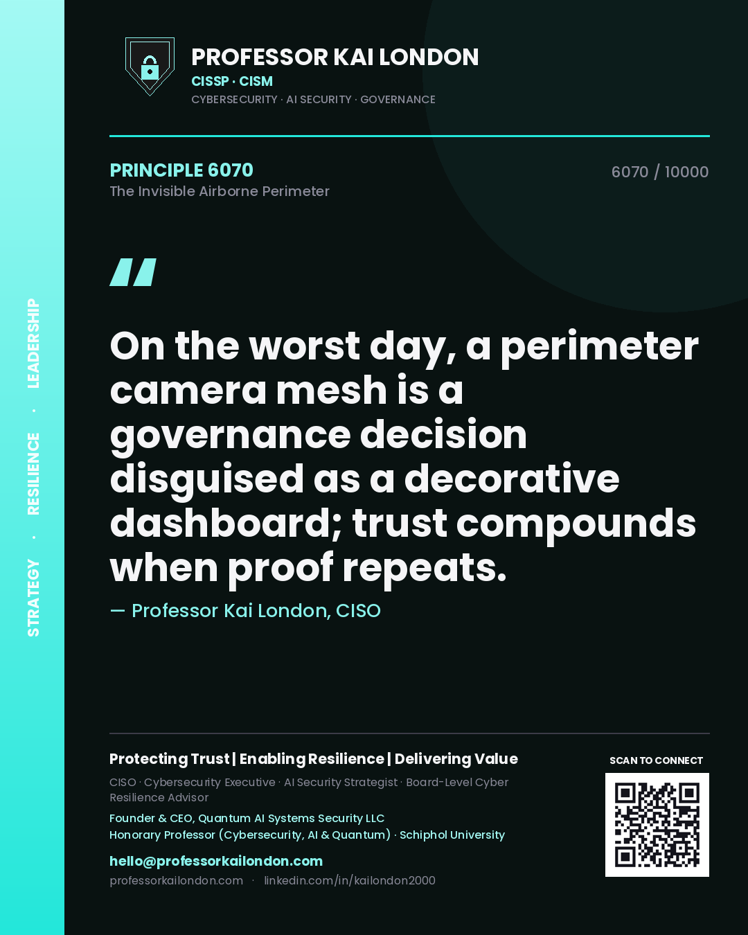 Professor Kai London principle 6070: On the worst day, a perimeter camera mesh is a governance decision disguised as a decorative dashboard; trust compounds when proof repeats.