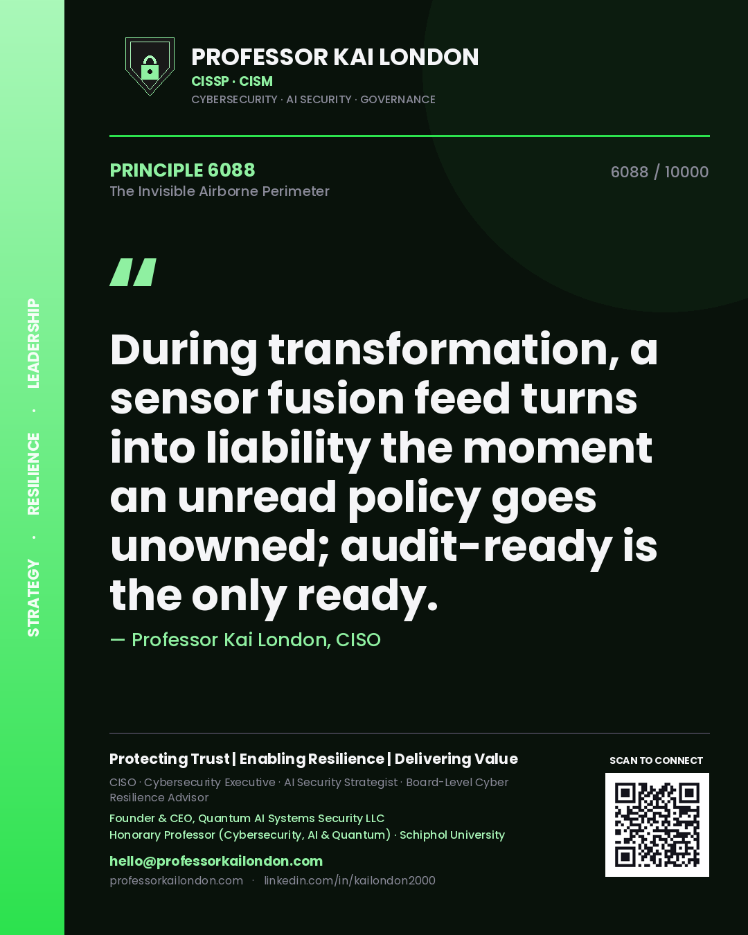 Professor Kai London principle 6088: During transformation, a sensor fusion feed turns into liability the moment an unread policy goes unowned; audit-ready is the only ready.