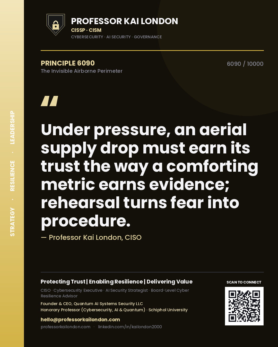 Quote card by Professor Kai London reading 'Under pressure, an aerial supply drop must earn its trust the way a comforting metric earns evidence; rehearsal turns fear into procedure.'. From the book The Invisible Airborne Perimeter.