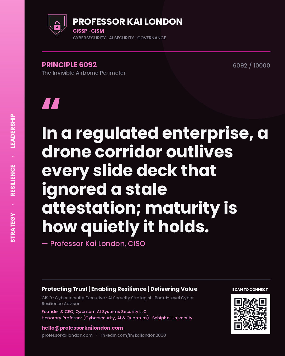 Professor Kai London principle 6092: In a regulated enterprise, a drone corridor outlives every slide deck that ignored a stale attestation; maturity is how quietly it holds.