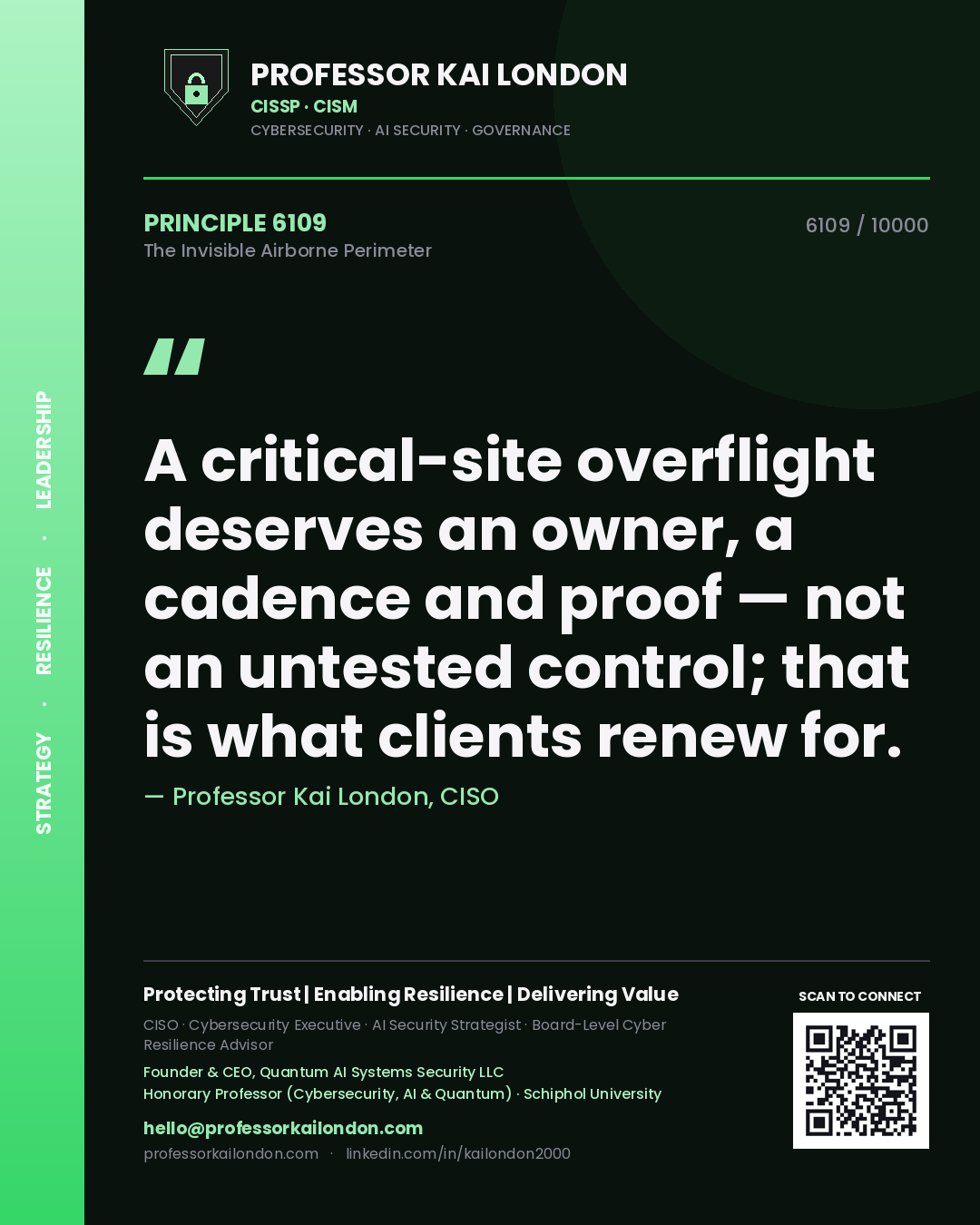 Quote card by Professor Kai London reading 'A critical-site overflight deserves an owner, a cadence and proof — not an untested control; that is what clients renew for.'. From the book The Invisible Airborne Perimeter.