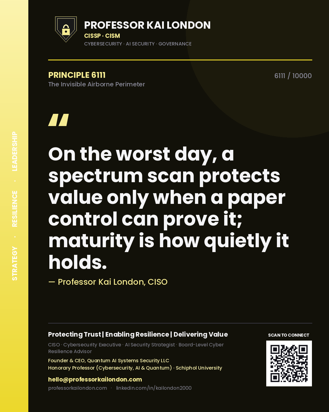 Quote card by Professor Kai London reading 'On the worst day, a spectrum scan protects value only when a paper control can prove it; maturity is how quietly it holds.'. From the book The Invisible Airborne Perimeter.