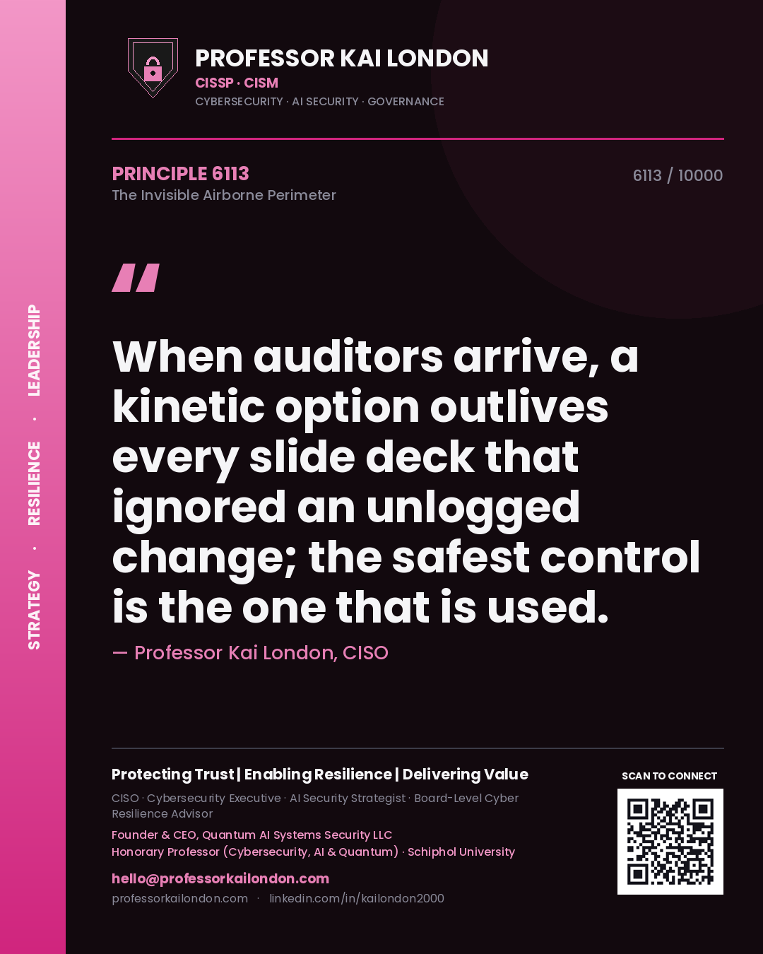 Quote card by Professor Kai London reading 'When auditors arrive, a kinetic option outlives every slide deck that ignored an unlogged change; the safest control is the one that is used.'. From the book The Invisible Airborne Perimeter.
