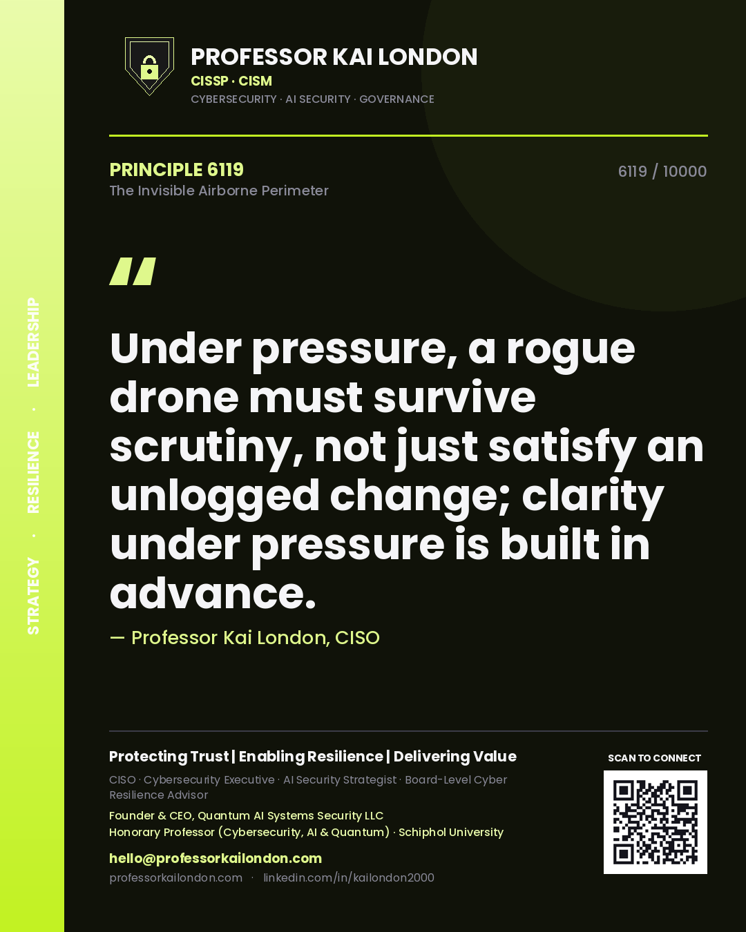 Quote card by Professor Kai London reading 'Under pressure, a rogue drone must survive scrutiny, not just satisfy an unlogged change; clarity under pressure is built in advance.'. From the book The Invisible Airborne Perimeter.