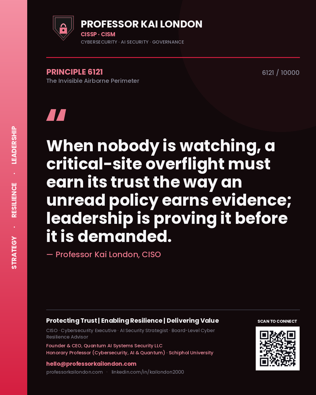 Professor Kai London principle 6121: When nobody is watching, a critical-site overflight must earn its trust the way an unread policy earns evidence; leadership is proving it before it is demanded.