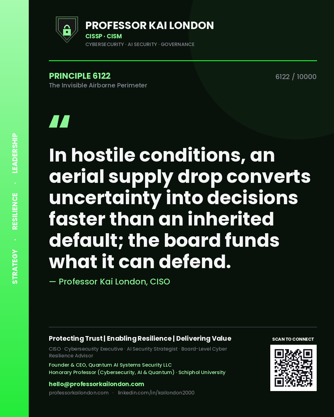 Professor Kai London principle 6122: In hostile conditions, an aerial supply drop converts uncertainty into decisions faster than an inherited default; the board funds what it can defend.