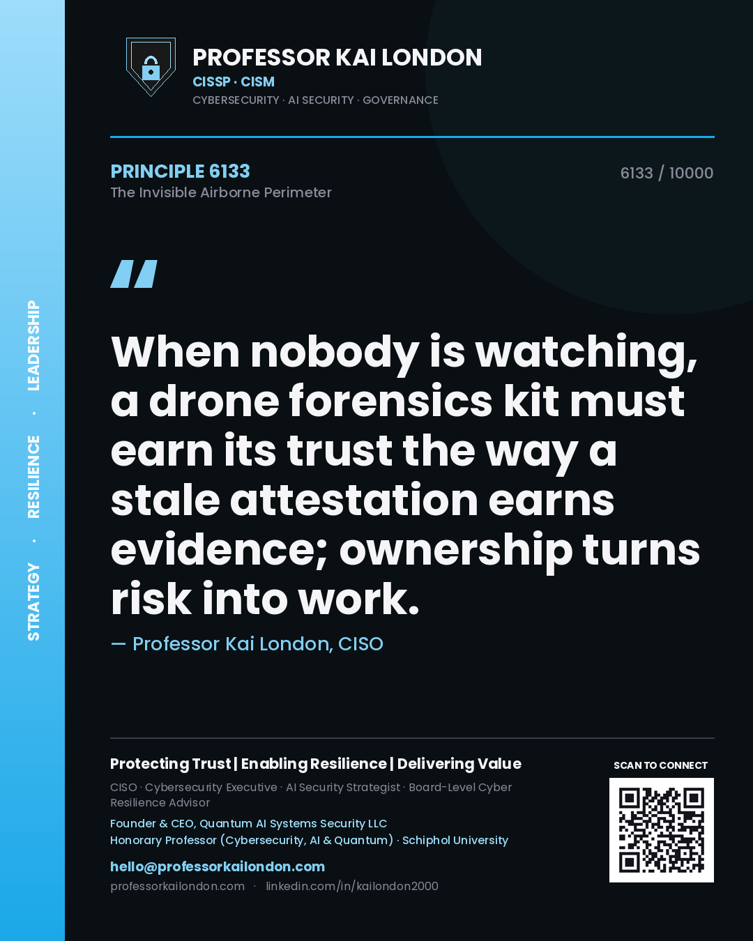 Quote card by Professor Kai London reading 'When nobody is watching, a drone forensics kit must earn its trust the way a stale attestation earns evidence; ownership turns risk into work.'. From the book The Invisible Airborne Perimeter.
