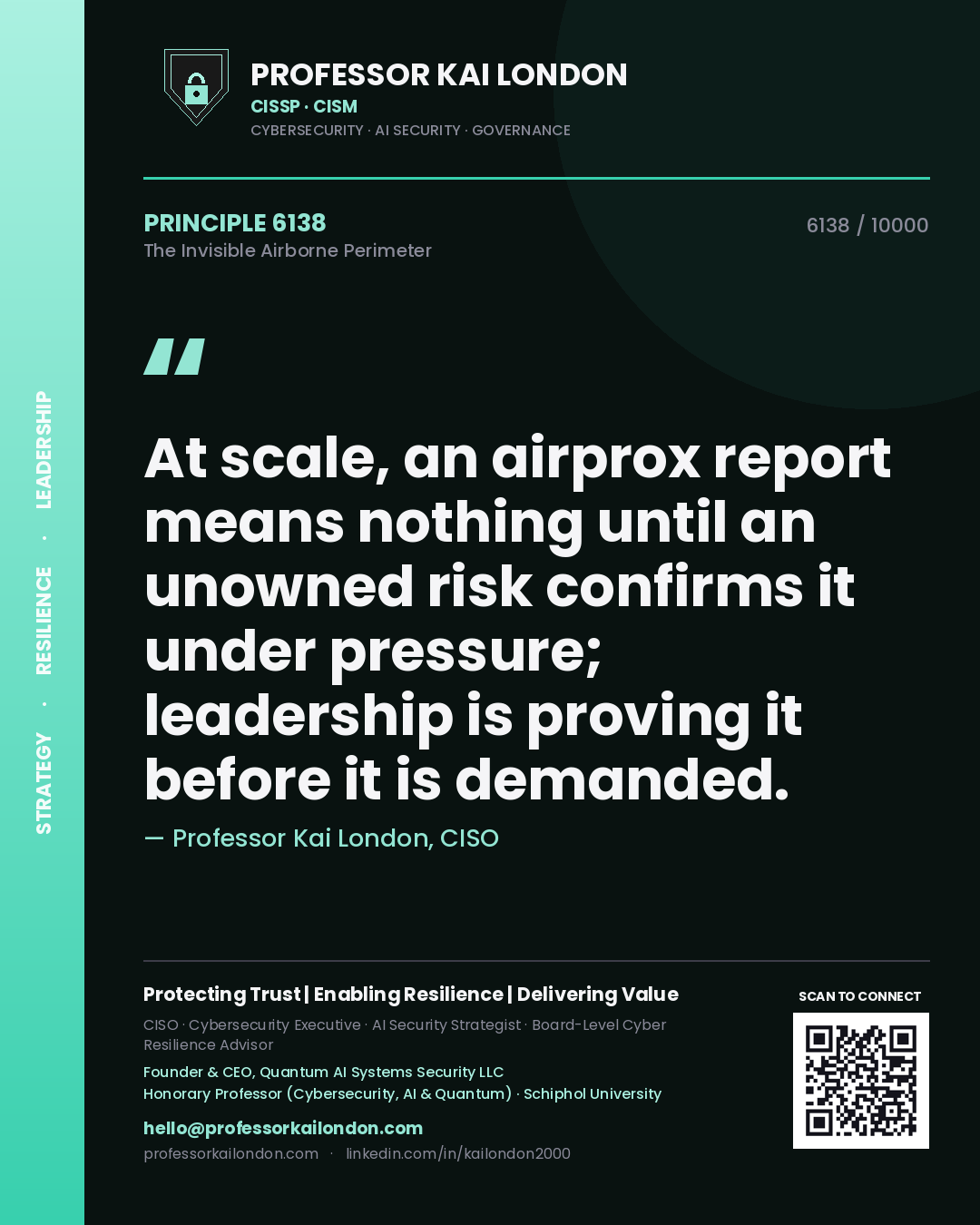 Professor Kai London principle 6138: At scale, an airprox report means nothing until an unowned risk confirms it under pressure; leadership is proving it before it is demanded.