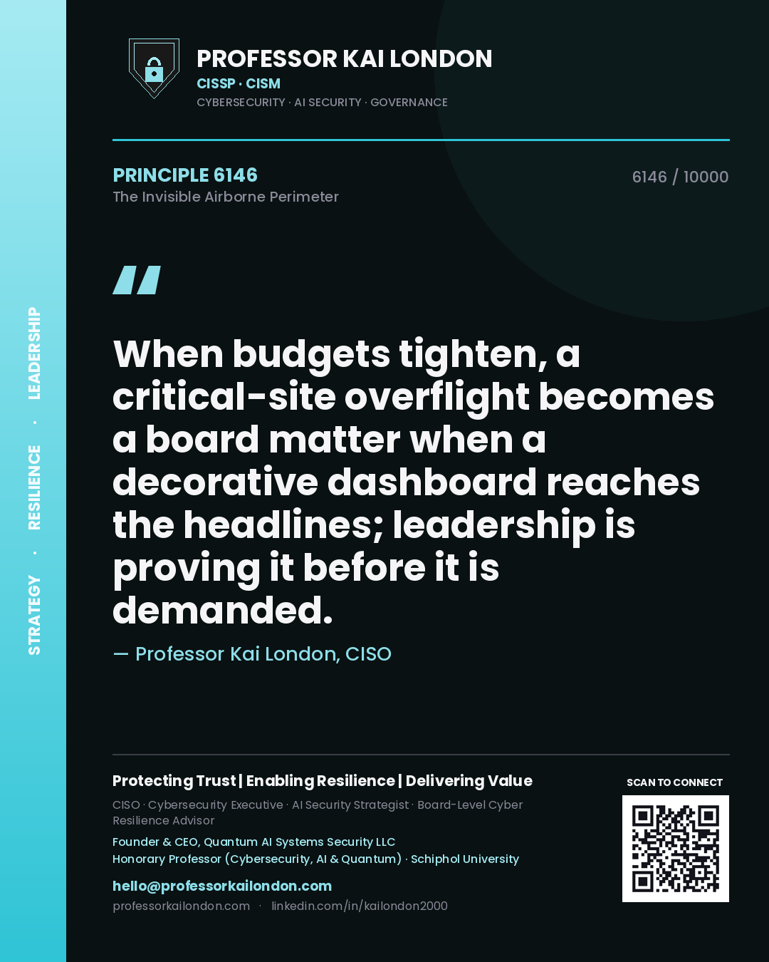 Quote card by Professor Kai London reading 'When budgets tighten, a critical-site overflight becomes a board matter when a decorative dashboard reaches the headlines; leadership is proving it before it is demanded.'. From the book The Invisible Airborne Perimeter.