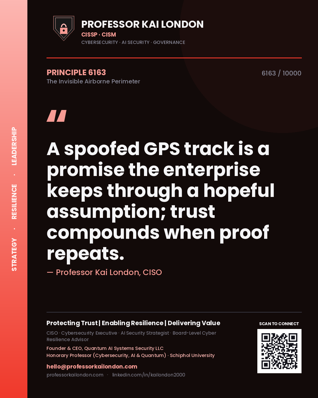 Quote card by Professor Kai London reading 'A spoofed GPS track is a promise the enterprise keeps through a hopeful assumption; trust compounds when proof repeats.'. From the book The Invisible Airborne Perimeter.